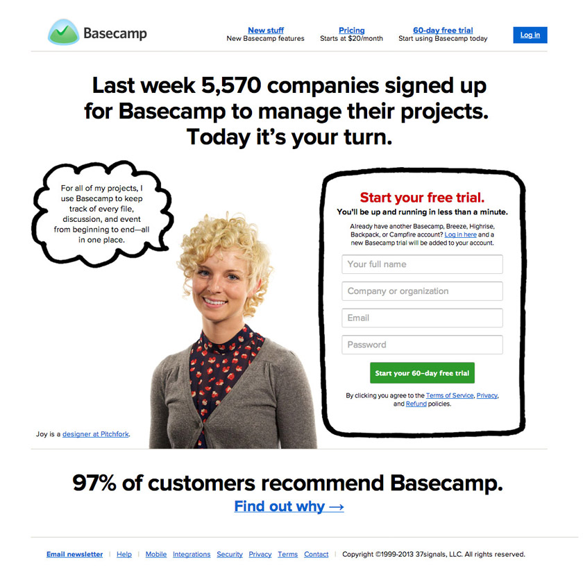 social proof basecamp homepage